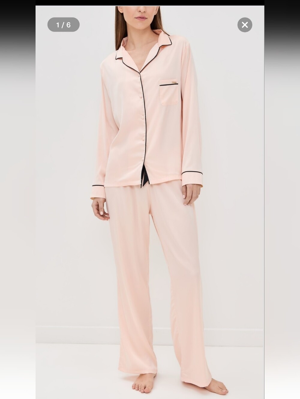 Bluebella Claudia Luxury Satin Long Sleeve Pajama Set Pale Pink Black Size M